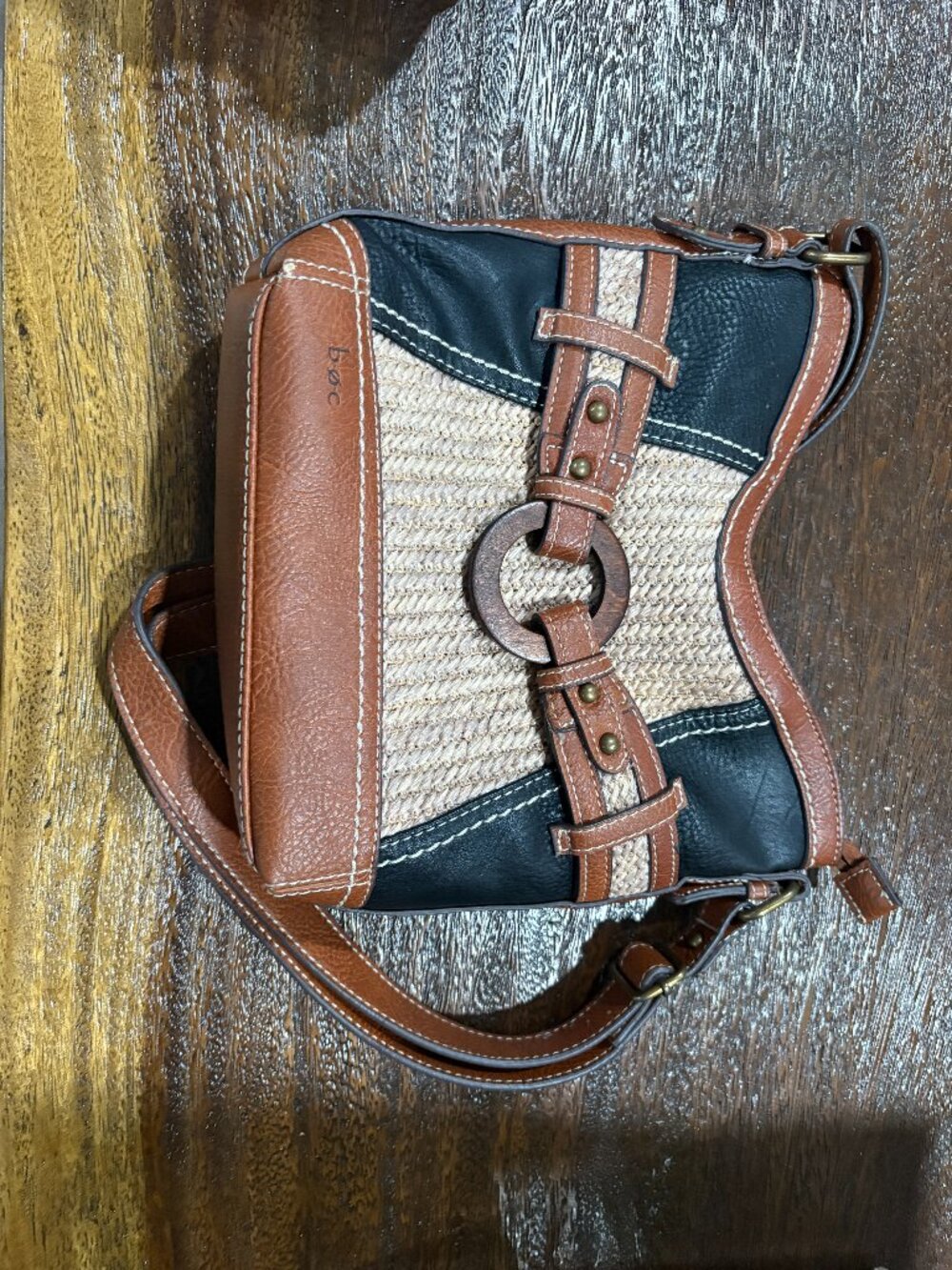 b.o.c boc Born Brown Black Rattan Shoulder Purse wooden buckle